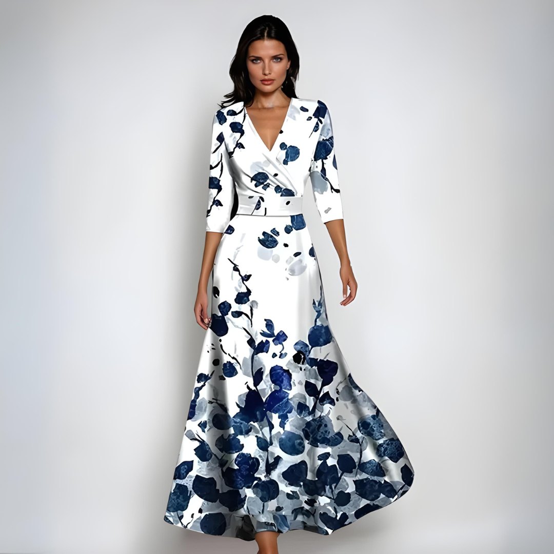 Elegant Floral Mother of the Bride Dress for Women with V Neck Three Quarter Sleeve A Line Occasion Style