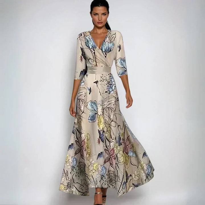 Elegant Floral Mother of the Bride Dress for Women with V Neck Three Quarter Sleeve A Line Occasion Style
