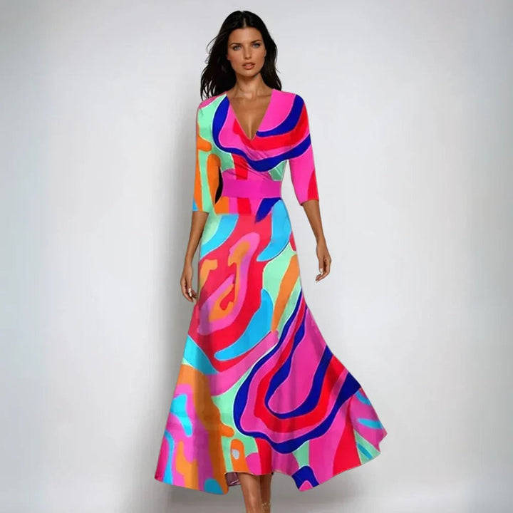Elegant Floral Mother of the Bride Dress for Women with V Neck Three Quarter Sleeve A Line Occasion Style