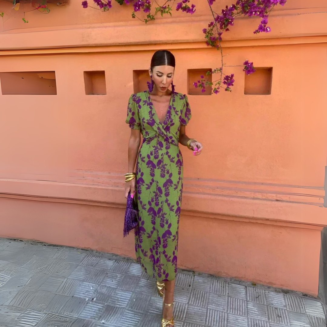 Elegant Green and Purple Floral Fall Wedding Guest Dress for Women with V Neck Puff Sleeve A Line Wedding Guest Style
