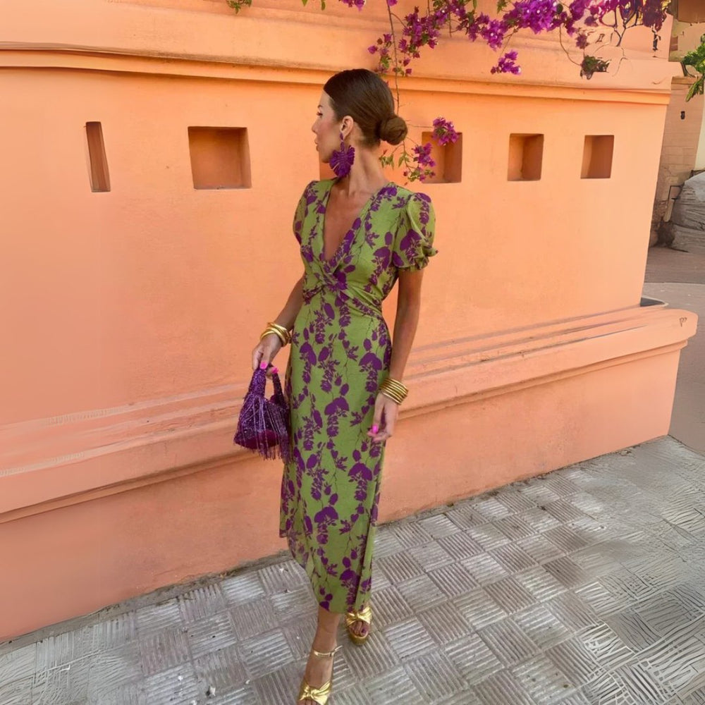 Elegant Green and Purple Floral Fall Wedding Guest Dress for Women with V Neck Puff Sleeve A Line Wedding Guest Style