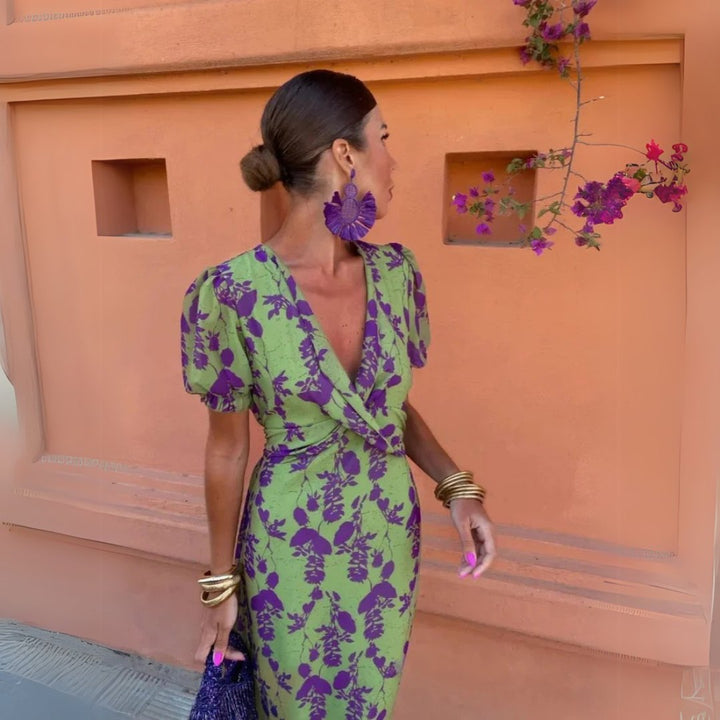 Elegant Green and Purple Floral Fall Wedding Guest Dress for Women with V Neck Puff Sleeve A Line Wedding Guest Style