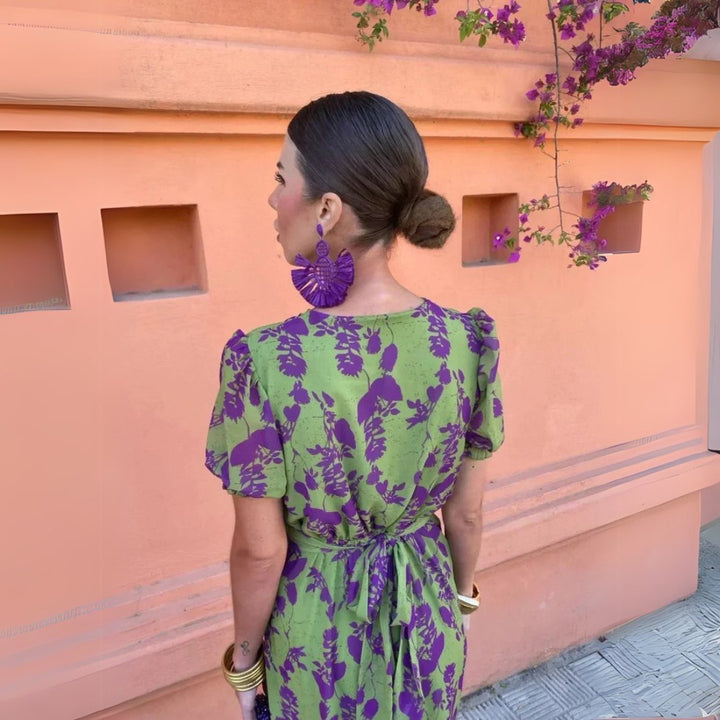 Elegant Green and Purple Floral Fall Wedding Guest Dress for Women with V Neck Puff Sleeve A Line Wedding Guest Style