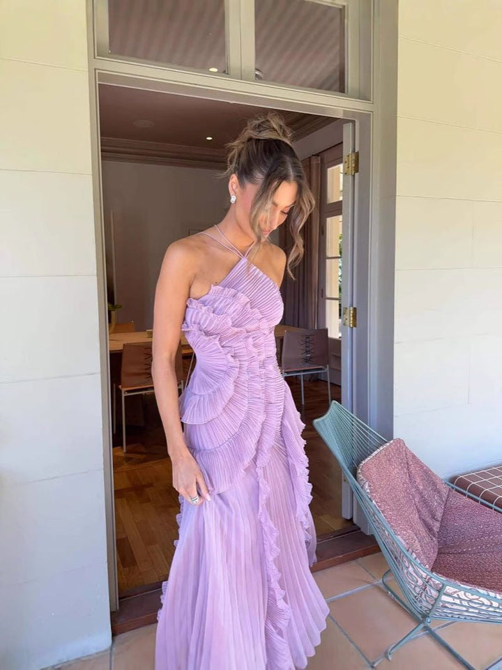 Elegant Lilac Formal Dress for Women with Sleeveless Relaxed Ruffle Trim Formal Style