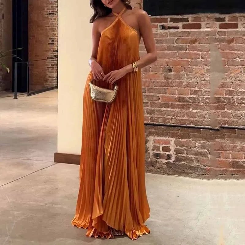 Elegant Orange Knit Fall Wedding Guest Dress for Women with Halter Neck Pleated Wedding Guest Style