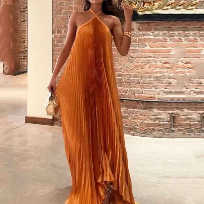 Elegant Orange Knit Fall Wedding Guest Dress for Women with Halter Neck Pleated Wedding Guest Style