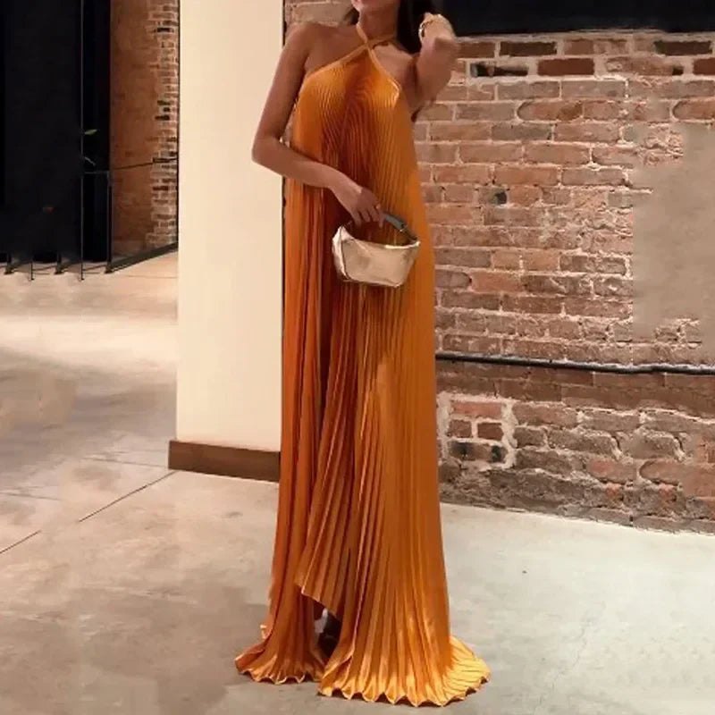 Elegant Orange Knit Fall Wedding Guest Dress for Women with Halter Neck Pleated Wedding Guest Style