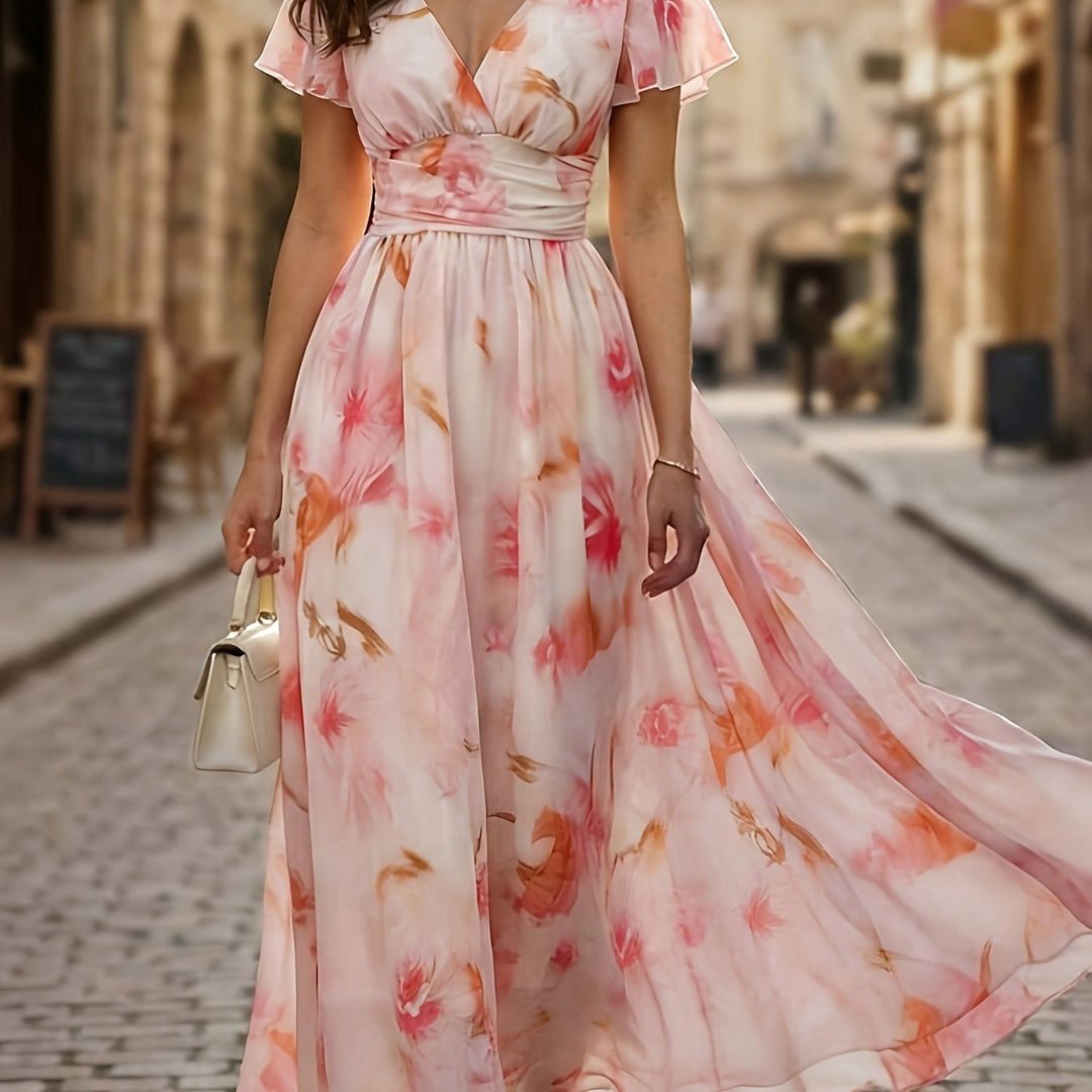 Elegant Pink Floral A Line Dress for Women with V Neck Flutter Sleeve Flared Feminine Style