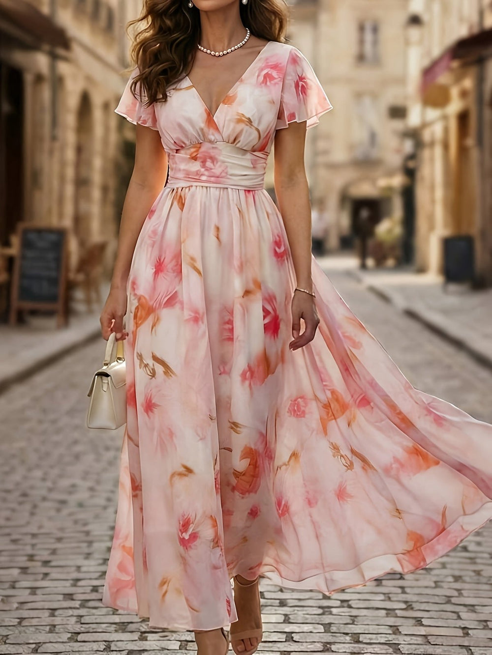 Elegant Pink Floral A Line Dress for Women with V Neck Flutter Sleeve Flared Feminine Style