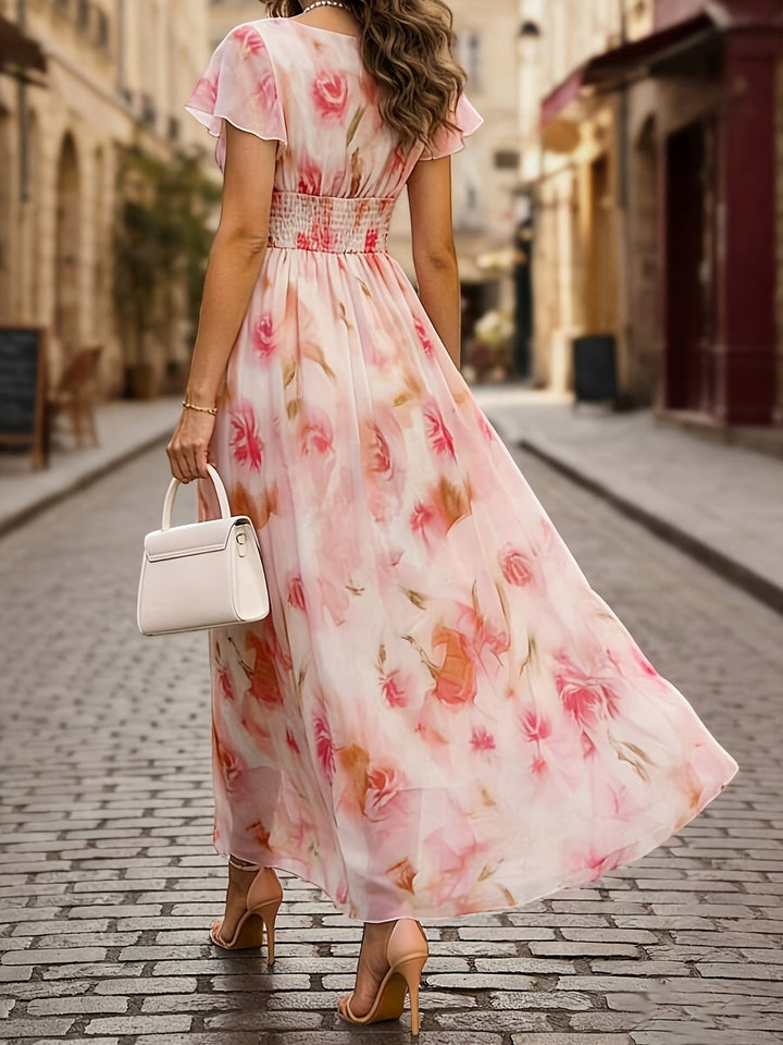 Elegant Pink Floral A Line Dress for Women with V Neck Flutter Sleeve Flared Feminine Style