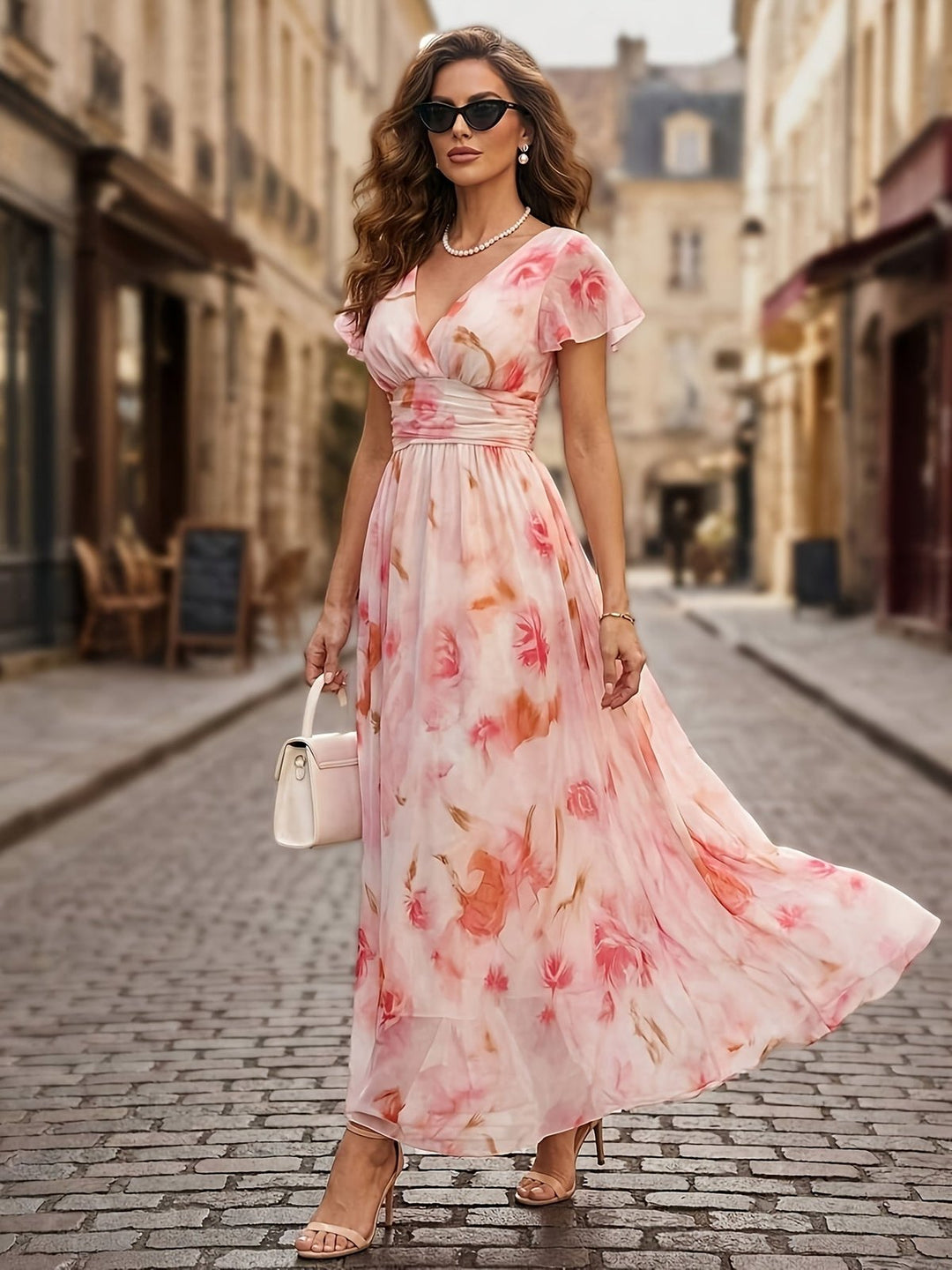 Elegant Pink Floral A Line Dress for Women with V Neck Flutter Sleeve Flared Feminine Style
