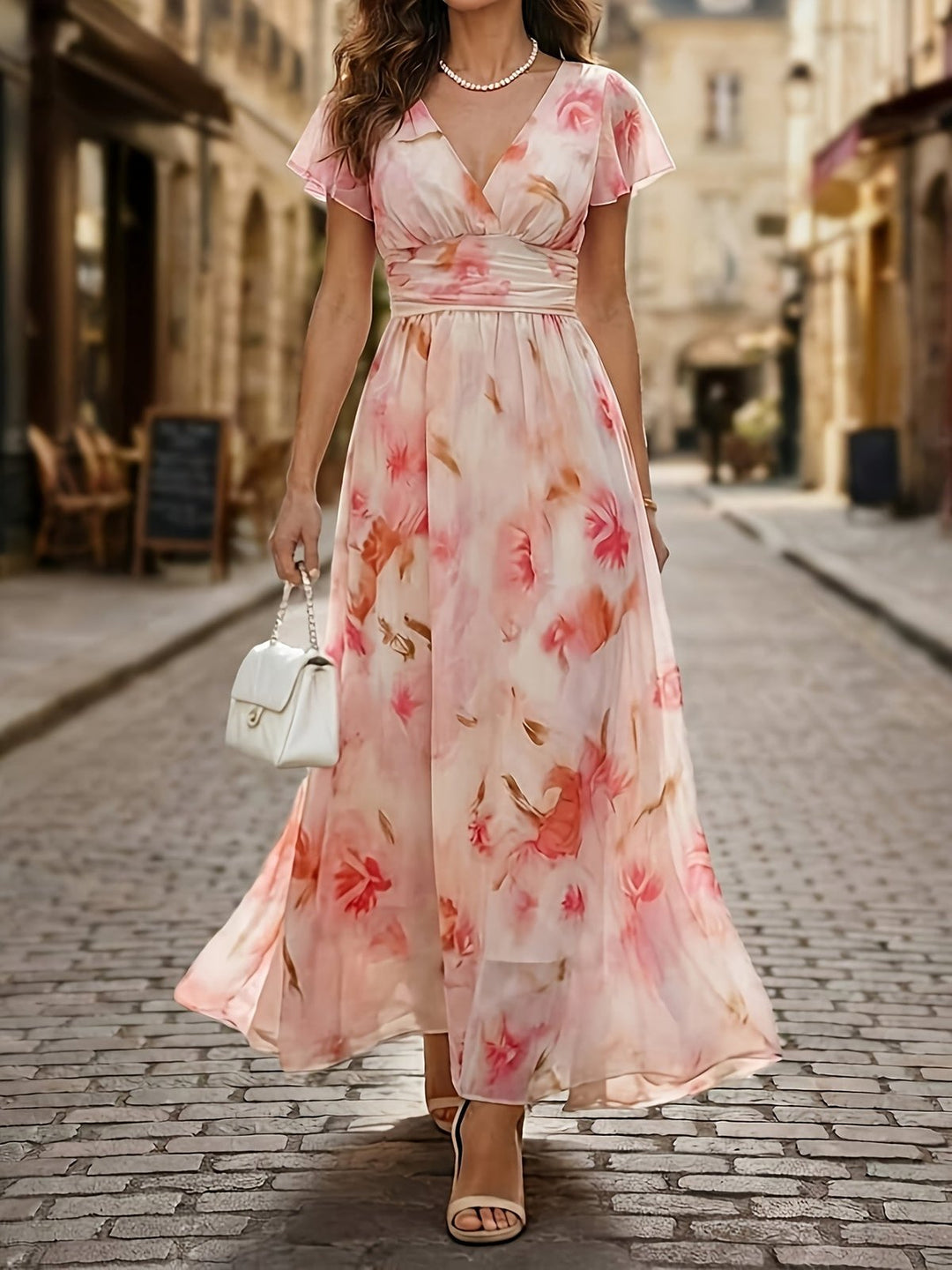 Elegant Pink Floral A Line Dress for Women with V Neck Flutter Sleeve Flared Feminine Style