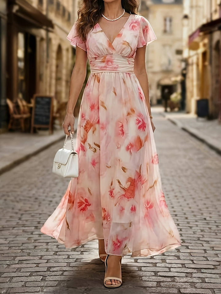 Elegant Pink Floral A Line Dress for Women with V Neck Flutter Sleeve Flared Feminine Style