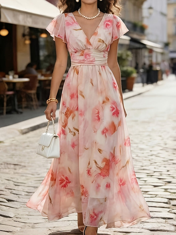 Elegant Pink Floral A Line Dress for Women with V Neck Flutter Sleeve Flared Feminine Style