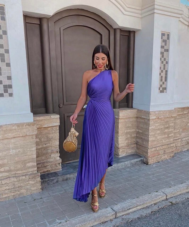 Elegant Purple Fall Wedding Guest Dress for Women with Relaxed Fit Wedding Guest Style