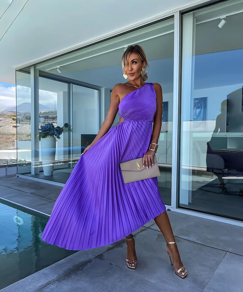 Elegant Purple Fall Wedding Guest Dress for Women with Relaxed Fit Wedding Guest Style