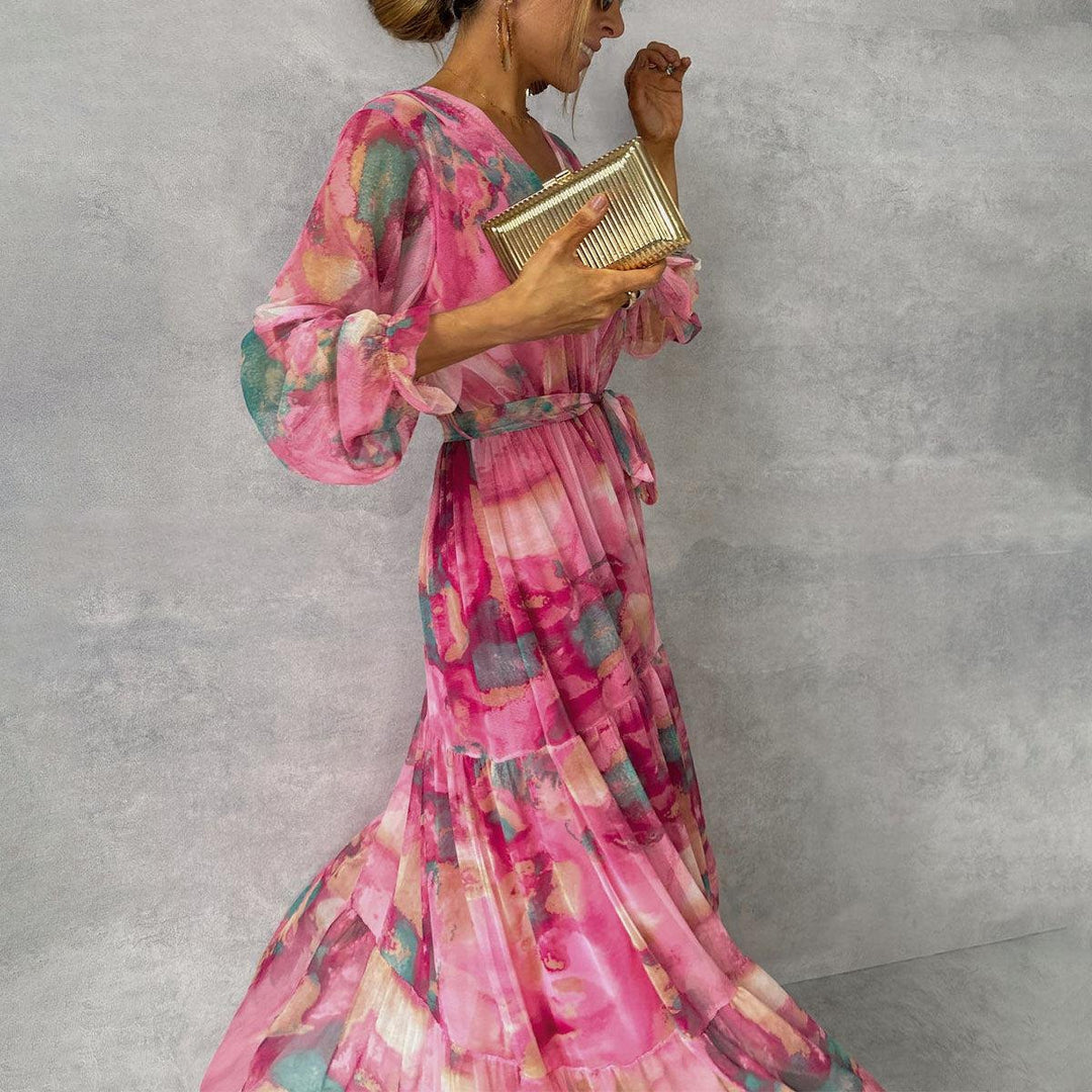 Elegant Rose Red Floral Mother of the Bride Dress for Women with Long Sleeve Wrap Front Occasion Style