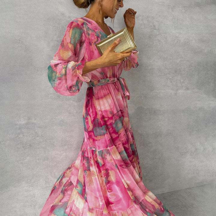 Elegant Rose Red Floral Mother of the Bride Dress for Women with Long Sleeve Wrap Front Occasion Style