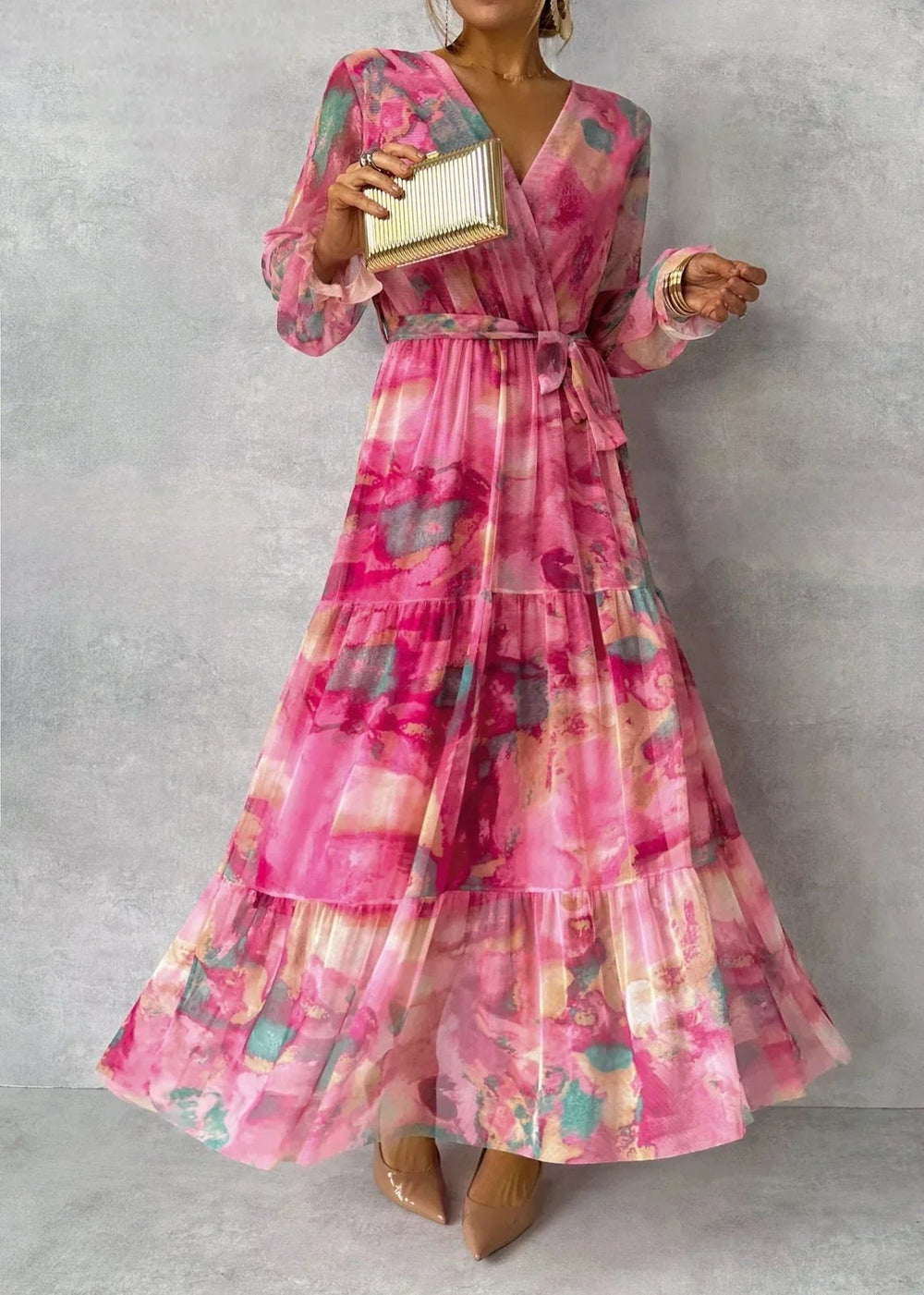 Elegant Rose Red Floral Mother of the Bride Dress for Women with Long Sleeve Wrap Front Occasion Style