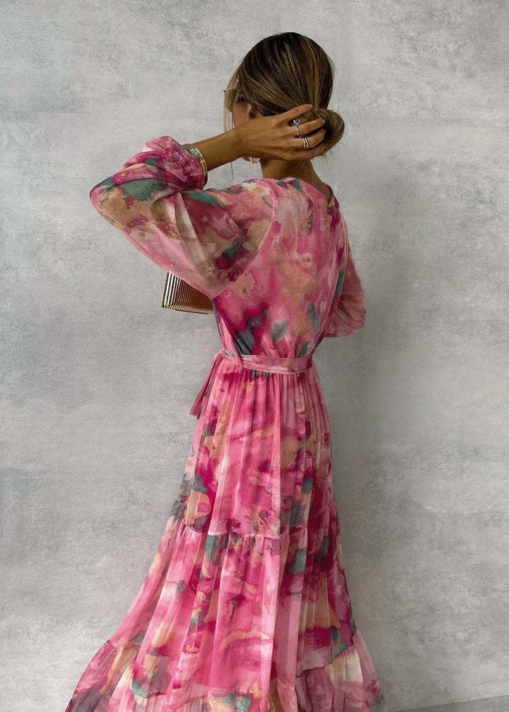 Elegant Rose Red Floral Mother of the Bride Dress for Women with Long Sleeve Wrap Front Occasion Style