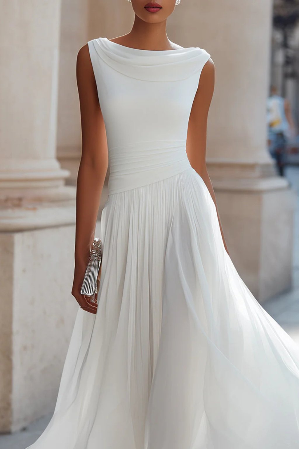 Elegant Satin A Line Dress for Women with Sleeveless Pleated Feminine Style