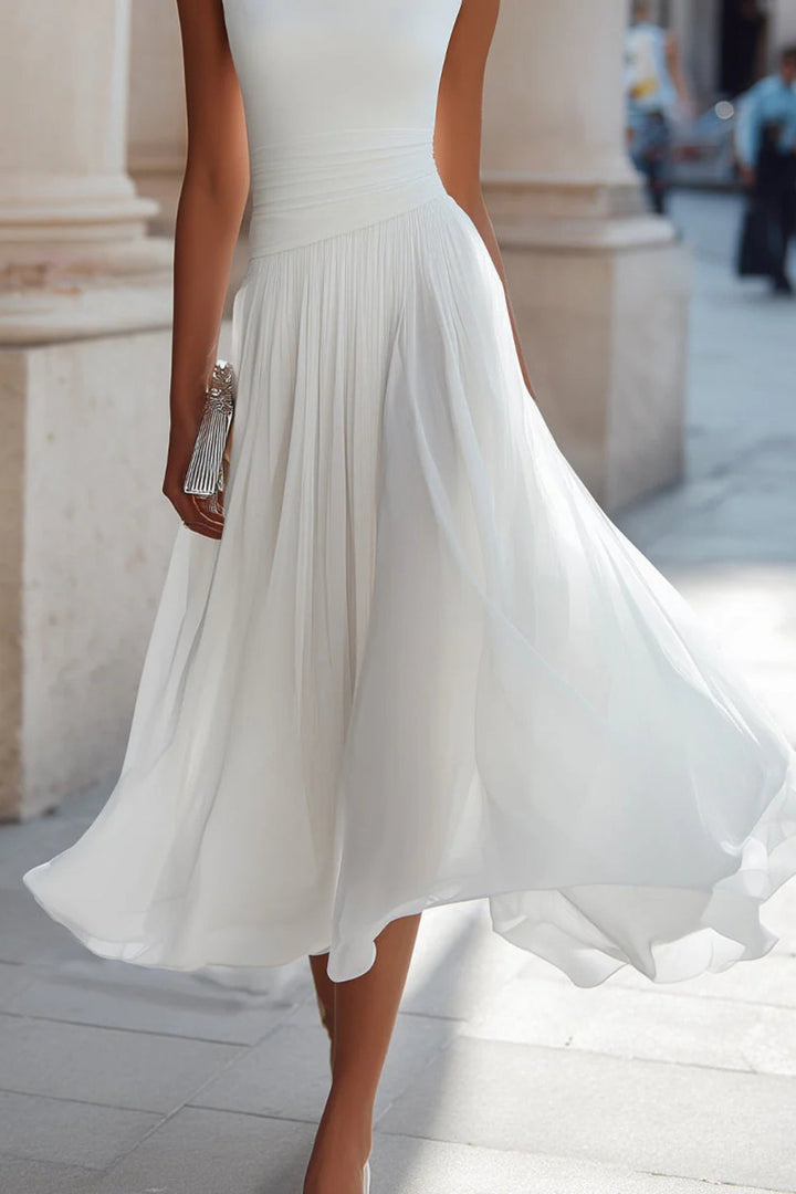 Elegant Satin A Line Dress for Women with Sleeveless Pleated Feminine Style