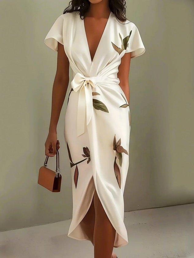 Elegant Satin Cocktail Dress for Women with V Neck Flutter Sleeve Cocktail Style