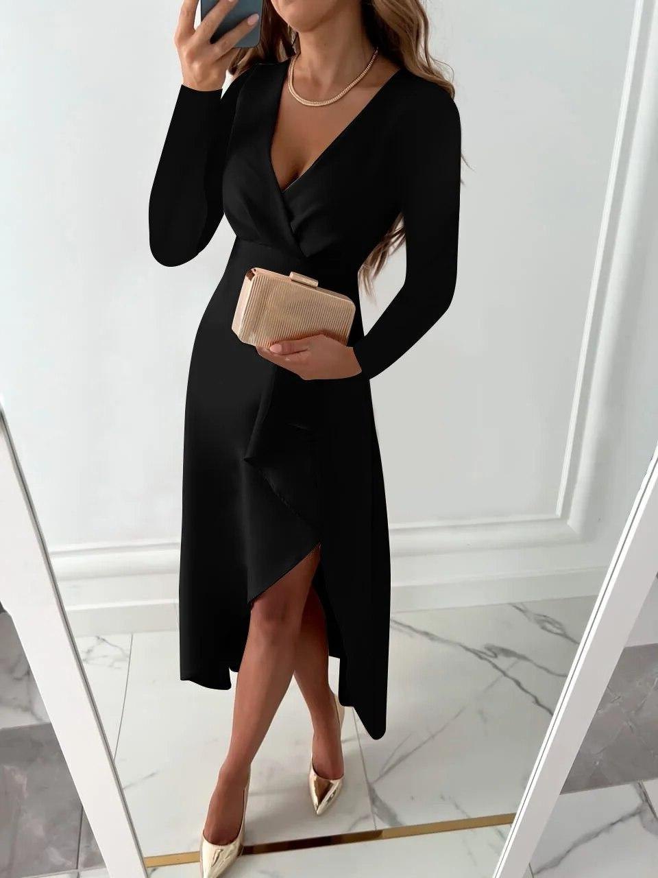 Elegant Satin Cocktail Dress for Women with V Neck Ruffle Trim Cocktail Style