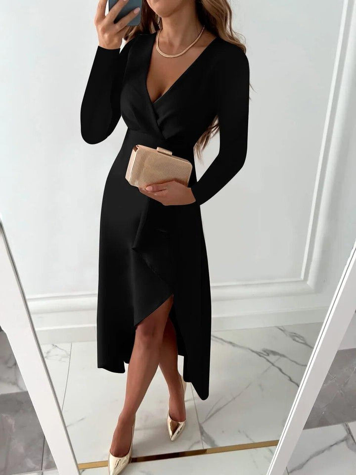 Elegant Satin Cocktail Dress for Women with V Neck Ruffle Trim Cocktail Style