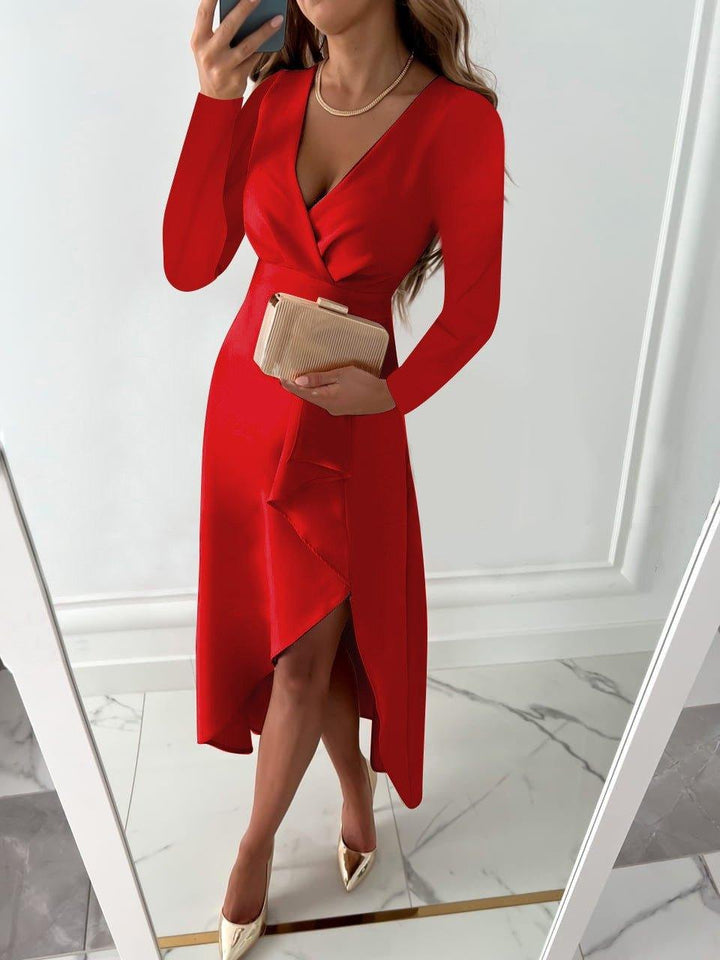 Elegant Satin Cocktail Dress for Women with V Neck Ruffle Trim Cocktail Style
