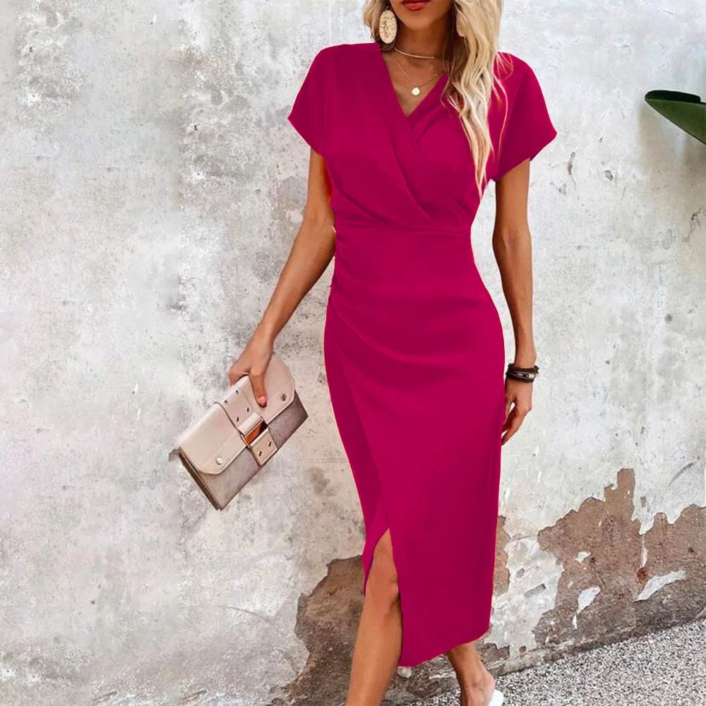 Elegant Satin Fall Dress for Women with V Neck Short Sleeve Wrap Front Autumn Style