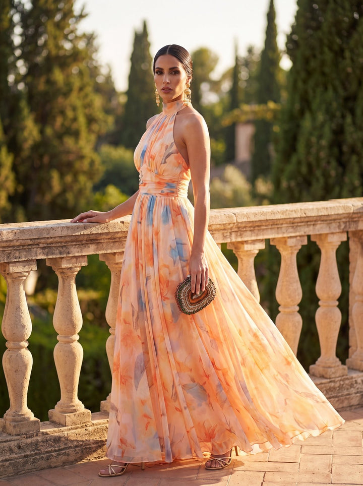 Elegant Satin Fall Wedding Guest Dress for Women with Halter Neck Wedding Guest Style