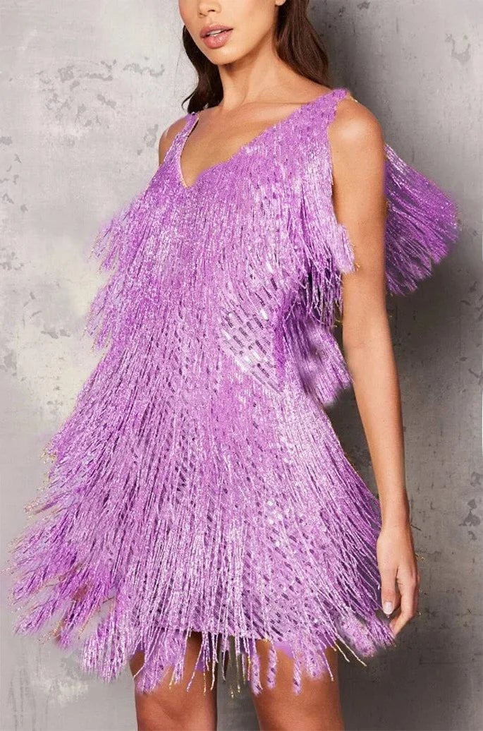 Elegant Sequin Cocktail Dress for Women with V Neck Sleeveless Tiered Cocktail Style