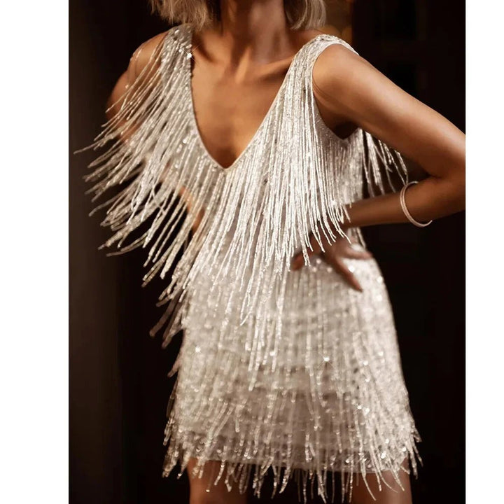 Elegant Sequin Cocktail Dress for Women with V Neck Sleeveless Tiered Cocktail Style