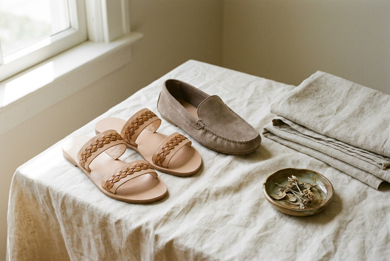 Nude leather sandals and a taupe moccasin arranged on cream linen by a window