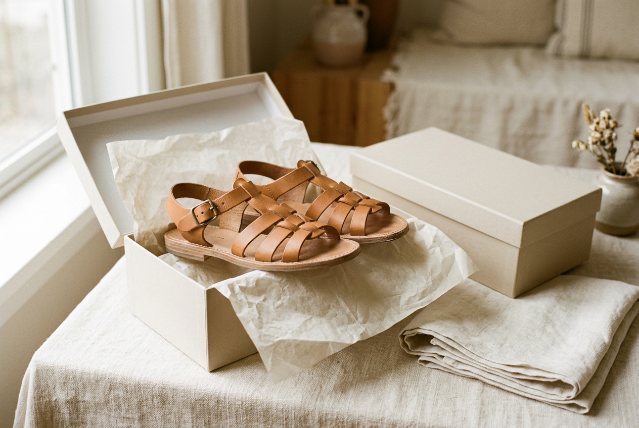 Tan leather sandals resting in an open cream shoe box lined with tissue paper